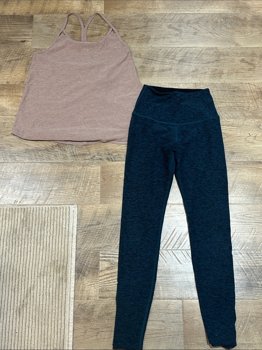 Beyond Yoga Black High-Waist Leggings with Mauve Tank